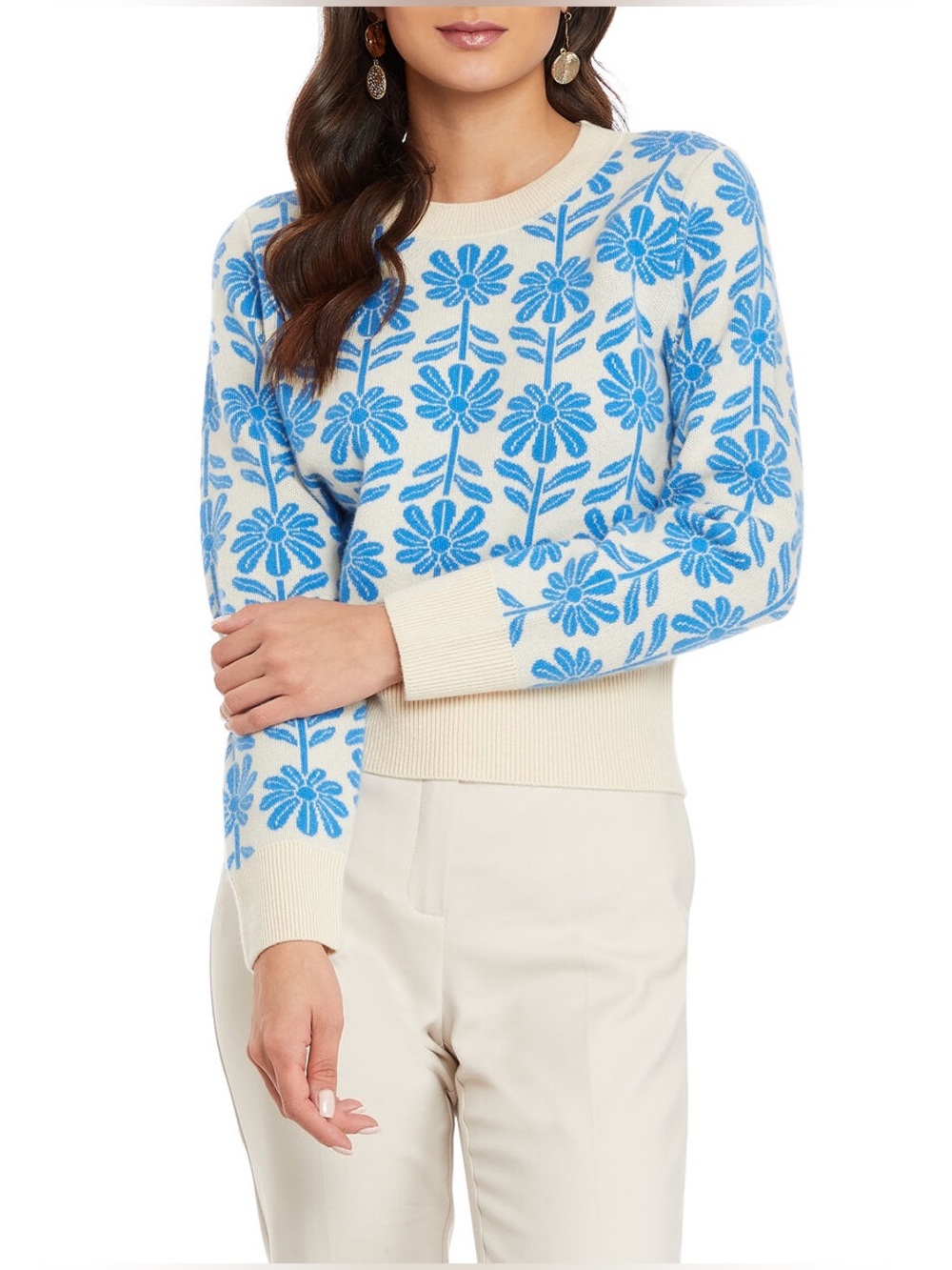 Adrianna Papell Floral Sweater L Blue White Daisy Jacquard Knit Crewneck Retro